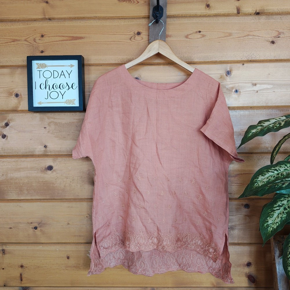 Unbranded 100% Linen Top S/S Embroider Scallop Split Hem Resort Coastal Preppy L